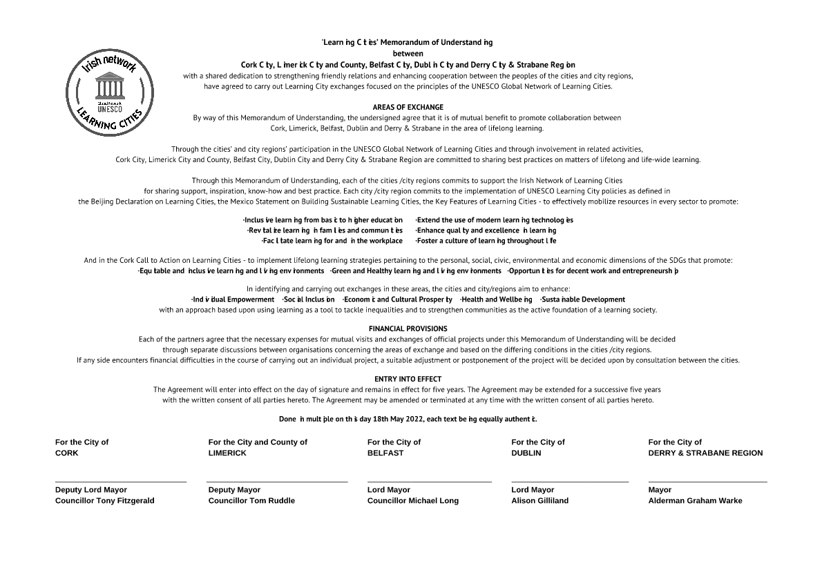 Cork Learning Cities 2022 MOU